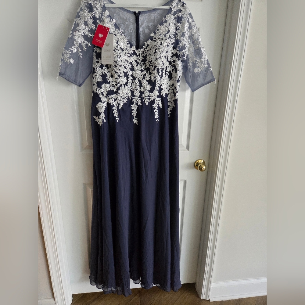 JJs House Stormy Purplish Blue Grey Maxi Dress with White Floral Lace Chest 41"